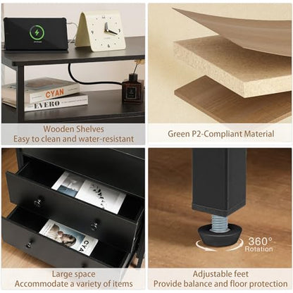 Edbuosy 27 inch Wide Nightstand Set 2 with Charging Station, Bedside Table with Open Shelf, 2 Drawers Small Wood Dresser, Modern Wood Nightstand for Bedroom/Living Room, Black - color: Black-2 Pack, size: 27"W-2 Drawers