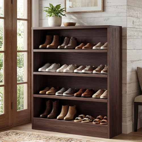 Homieasy Shoe Cabinet, 5-Tier Modern Wood Shoe Storage Organizer with 3 Adjustable Shelves for Entryway, Multi-Purpose Display Shelf & Storage Cabinet for Living Room, Bedroom, Dark Walnut - color: Dark Walnut, size: 5-Tier