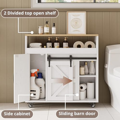 IRONCK Toilet Paper Cabinet, Slim Bathroom Cabinet with 4 Rolling Wheels, Farmhouse Slim Storage Cart with Paper Holes, Sliding Doors and Adjustable Shelf for Small Space, White/Natural