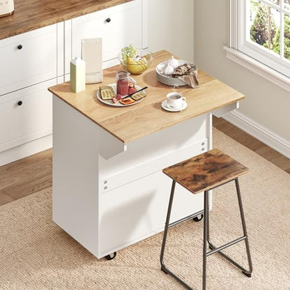MAHANCRIS Kitchen Island on Wheels with Drop Leaf, Folding Countertop Kitchen Island Cart, Kitchen Island Table with Towel Rack, Drawer, for Kitchen, Dining Room, White and Natural KINW12501 - color: White and Natural