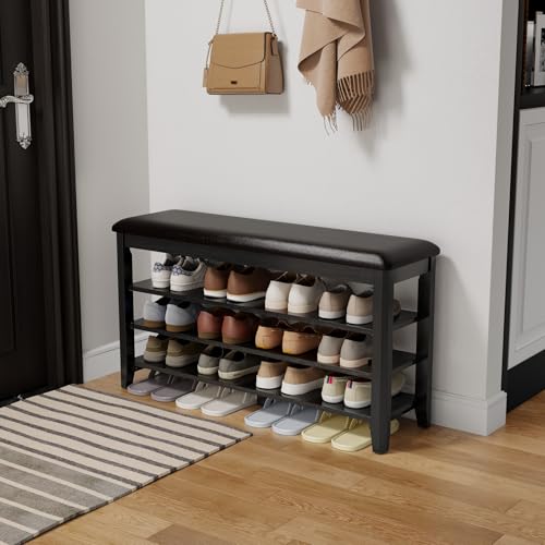 AQIMUELE Shoe Bench with Leather Cushion, 3 Tiers Shoe Storage Bench Height Adjustable, Walnut Wood Entryway Bench for Hallway, Mudroom - color: Black, size: 39.4"