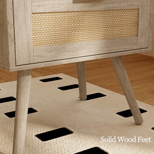 JOONEE Rattan Nightstand,Farmhouse Bedside Table with 2 Storage Drawer and Open Wood Shelf, for Bedroom and Small Spaces,Night Stand with Solid Wood Legs (Grey Oak) - color: Grey Oak