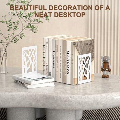 VFINE Withe Bookend 2-Piece, Tree Design Bookends for Shelves, Metal Book Ends for Desk, Decoration Stylish Bookshelf Bookends for Home Office School Supplies - style: White bookend 1 pair