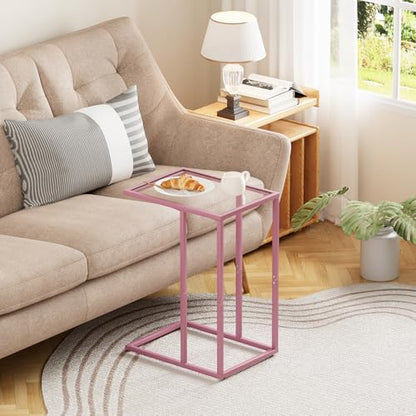 C Shaped End Table Set of 2, Small Side Couch Sofa Tables for Living Room,Glass Tv Tray Snack Dinner Table with Metal Frame, Easy Assembly (Pink) - color: Pink