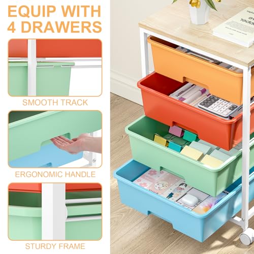 SYKIARIOL Rolling Cart with Drawers, 4-Drawer Utility Cart, Macaron | Storage Cart with 4 Drawers and Wooden Tabletop & Lockable Wheels for Home Office, Bedroom, Kids Room, Classroom,4 Tiers - color: Macaron