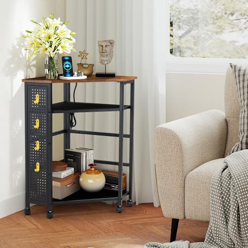 HOMREST Corner Table with Charging Station, 3-Tier Corner Shelf Stand with Metal DIY Panel, Rolling Storage Table on Detachable Wheels for Kitchen, Living Room, Small Space, Rustic Brown