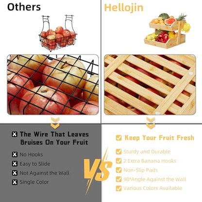 Hellojin Bamboo 2 Tier Fruit Basket with Dual Banana Hangers | Wooden Tiered Organizer, Protective Mats, Large Capacity, Versatile Holder for Bread, Snacks, Veggies, Onion and Potato - color: Bamboo-2 tier