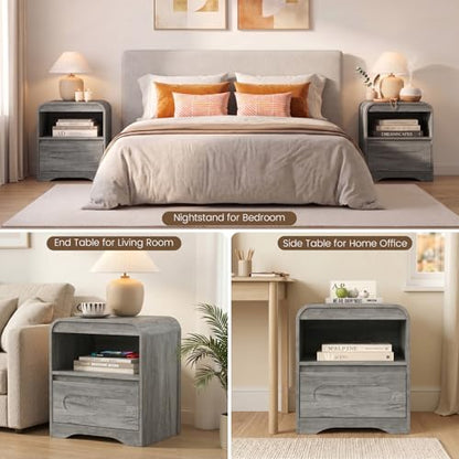 Wood Nightstand with Drawers, Curved Bedside Side End Table w/Open Storage | Hidden Handle, Modern Night Stands for Bedroom Sofa Couch Office, Grey