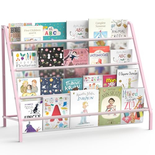 Trieez High-Transparent 4 Tier Kids Bookshelf, Sturdy Metal Large Size Book Rack Storage for Kids - Toddler Book Shelf Display for Nursery, Kids Room, Deep Size Bookshelf Hold More Books, Pink