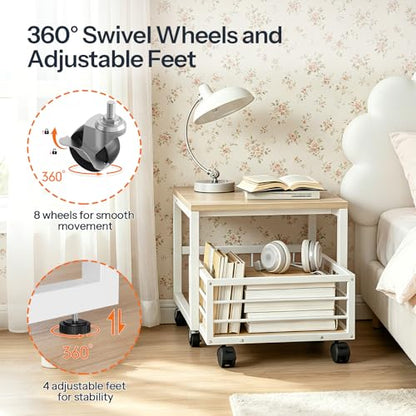 HOOBRO End Table, Mini Fridge Stand with Storage, Mini Fridge Table with Wheels and Adjustable Feet, Sturdy Metal Frame, for Living Room, Bedroom, Office, White and Natural WN155TL01 - color: White + Natural