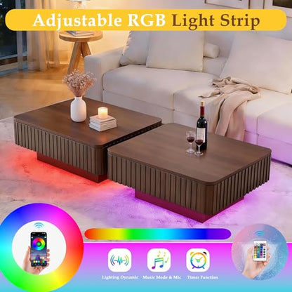 Lift Coffee Table with Hidden Storage & Adjustable Height, 38.6" Modern Fluted RGB LED Center Table with Charging Station, Wooden Accent Tea Table for Living Room & Small Apartment (Oblong) - size: Oblong
