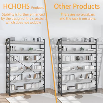 HCHQHS Bookshelf, Adjustable Industrial Bookcase, Vertical Tall Book Shelf, Wood and Black Metal Open Bookshelves for Home Office, Living Room, Bedroom (Grey, 6-Tier (47" W x 70" H)) - color: Grey, size: 6-Tier (47"W x 70"H)