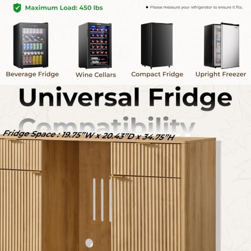 OKD 60" Fluted Coffee Bar Cabinet with Mini Fridge Space, Natural Oak | Mini Fridge Compatible, Built In Charging Station, 3 Stemware Racks, 2 Drawers, 2 Cabinets, Home Bar Cabinet Storage - color: Natural Oak