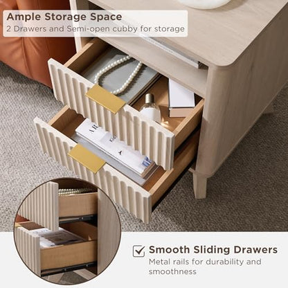 T4TREAM Fluted Nightstand with Charging Station, 18" Modern Side Table with 2 Drawers, End Table w/Storage, Bedside for Bedroom, Living Room, Curved Profile Design, White Alder - color: White Alder