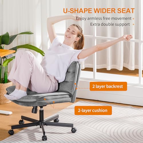 COMHOMA Cross Legged Office Chair with Wheels Armless-Office Desk Chair, Modern Vanity Computer Task Chairs for Home Bedroom, Comfortable Wide Seat for Lower Back Pain Relief, Soft Velvet, Gray - color: Gray Velvet
