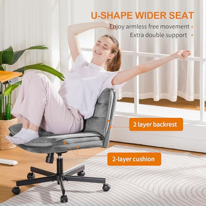 COMHOMA Cross Legged Office Chair with Wheels Armless-Office Desk Chair, Modern Vanity Computer Task Chairs for Home Bedroom, Comfortable Wide Seat for Lower Back Pain Relief, Soft Velvet, Gray - color: Gray Velvet