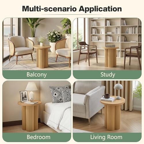 Round Fluted End Table, 17.7'' Mid Century Modern Side Table, Circle Bedside Tables Drink Table Wood Nightstand for Small Spaces, Living Room (Natural-1PCS) - color: Natural-1pcs