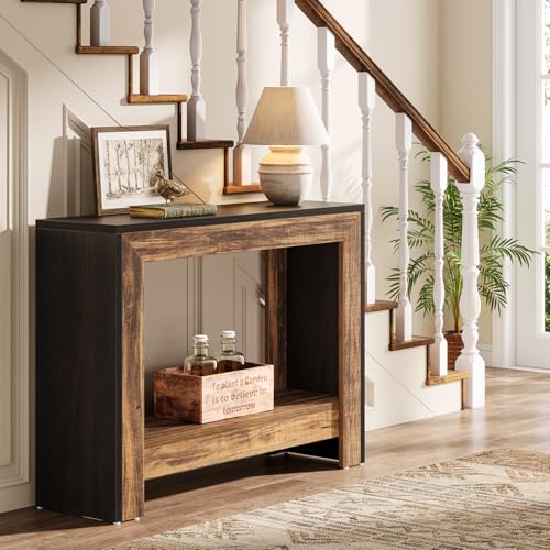 Tribesigns 41.3" Farmhouse Console Table, Behind Couch Sofa Table with Open Storage Shelves for Living Room, Hallway, Foyer, Easy Assembly, Black + Brown