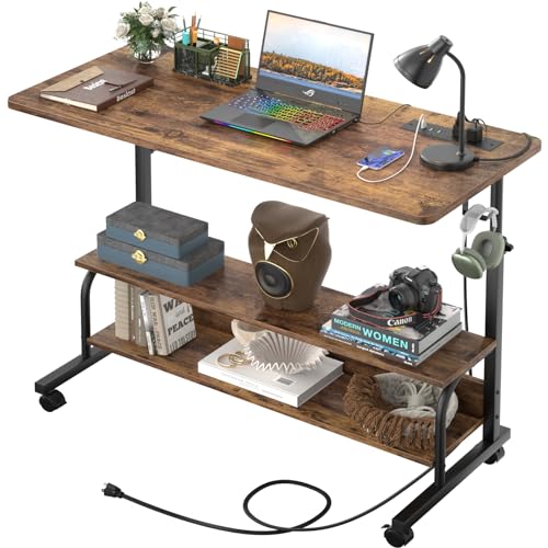 Besiost 39" Height Adjustable Standing Desk with Power Outlets - Manual Rolling Stand Up Desk with Wheels Small Portable Computer Desk Mobile Laptop Table with Storage Shelves for Home Office, Rustic - color: Rustic, size: 39''