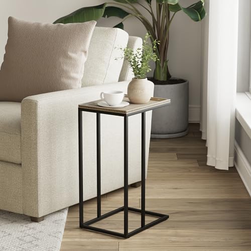 Farmhouse C Shaped End Table with Distressed Beaded Edge Tray Top, Modern Slim Snack Side Table with Metal Base, Black - color: Black, style: Beaded Edge
