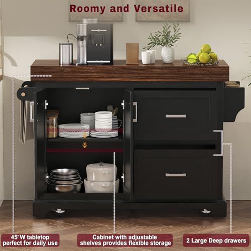 53.2" Rolling Kitchen Island with Storage, 3.5" Thick Countertop, Spice Rack, Towel Rack, Drawer & Cabinet - Mobile Kitchen Cart on Wheels for Kitchen, Dining Room, Black - color: Black