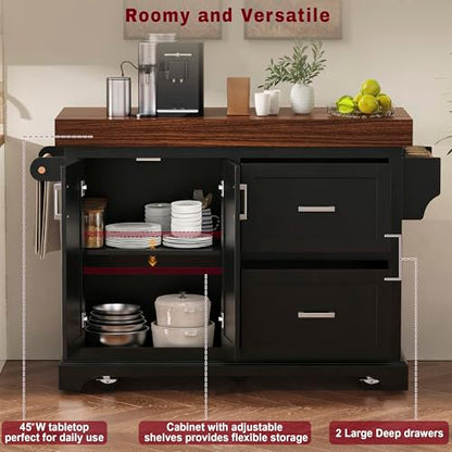 53.2" Rolling Kitchen Island with Storage, 3.5" Thick Countertop, Spice Rack, Towel Rack, Drawer & Cabinet - Mobile Kitchen Cart on Wheels for Kitchen, Dining Room, Black - color: Black