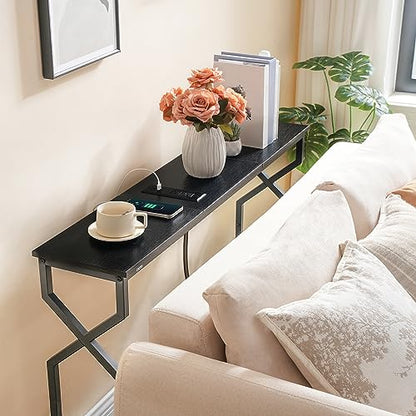 MAHANCRIS 44.9" Sofa Table, 9.4" Narrow Console Table with Charging Station, Couch Table Behind Sofa with Outlet, Entryway Table with Display Shelf, Living Room, Black CTHB113E01 - color: Black