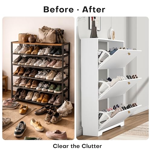 Nicetree Shoe Cabinet with 3 Flip Drawers, Narrow Shoe Organizer Cabinet, Freestanding Shoe Rack Cabinet, Modern Shoe Storage Cabinet for Entryway, Hallway, Foyer, White with Hook - color: White, style: 3-Drawers with Hook