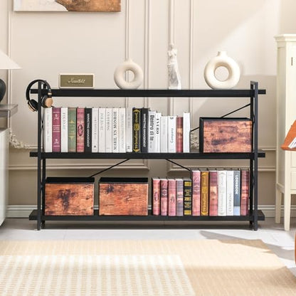HCHQHS Bookshelf, 3-Tier Long Industrial Bookcase, Black Open Book Shelf, Freestanding Horizontal Bookshelves with Metal Frame - color: Ebony Black, size: 3-Tier (56.7"W x 35.8"H)