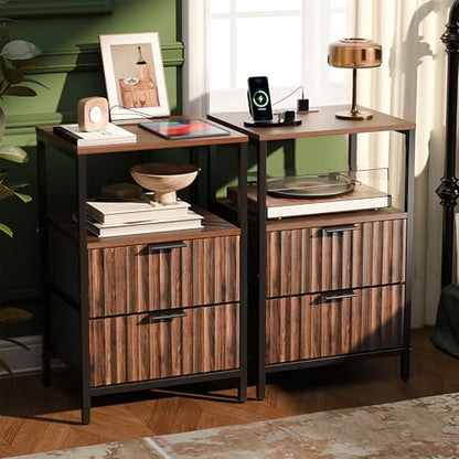 VINGLI Nightstands Set of 2 with Fabric Drawers, Walnut Nightstand with Charging Station, Night Stands Fluted Bedside Tables/End Tables with Charger Station, Side Table Bedroom, Small Night Stand - color: Walnut, size: 15"W-2 Drawer 1 Shelf