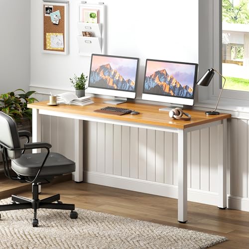 Need 54.3 Inch Large Computer Desk, Teak Wooden Top with White Metal Frame | Simple Style, Home Office, Basic Sturdy Writing Table, Study Student, Adjustable Feet, Water-Resistant, Easy Assembly - color: Teak & White, size: 54 inches