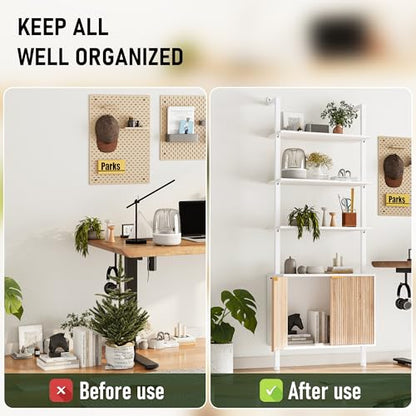 INNOD 74" Tall Bookshelf with Storage Cabinet, Modern Ladder Shelf with Wood and Metal Frame, Wall Mount Bookcase Open Display Shelf Furniture for Living Room, Bedroom, Home Office, White and Oak - color: White & Oak