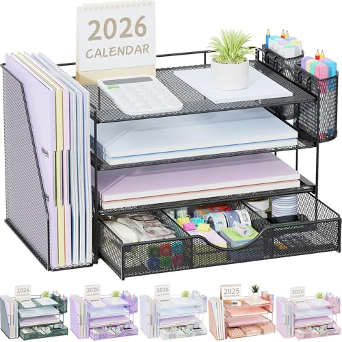 gianotter Desk Organizers and Accessories with File Holder, 4-Tier Desk Accessories & Workspace Organizers with Drawer and 2 Pen Holder, Paper Organizer for Office Supplies (Black) - color: Black, size: 4T