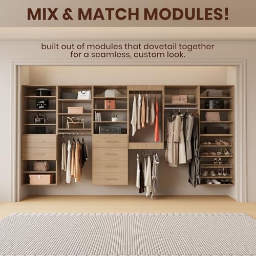 ROOMTEC Modular Closet System, 25.5" 2 Drawer Shelf Closet Tower Wall-Mounted Closet Organizer, Wooden Tower for Walk-In Closets, Wardrobe Storage Kit, Wood - size: 25.5" Wide, style: Model 11