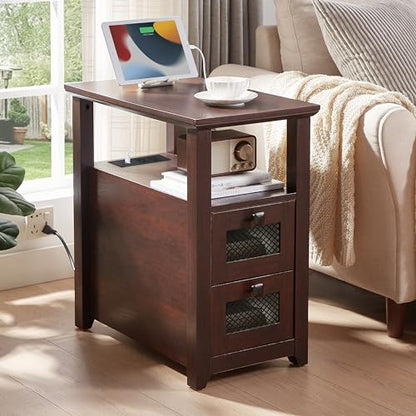 HDDDZSW Farmhouse XXL End Table with Charging Station, Narrow Side Table with USB Ports and Outlets, Nightstand with 2 Drawers Storage, Bedside Tables for Living Room, Bedroom, Rustic Cherry - color: Cherry