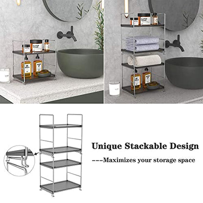 Plastic/Metal Freestanding Stackable Organizer Shelf,Bathroom Countertop Storage Shelf Cosmetic Organizer Holder Kitchen Spice Rack,2-Tier Standing Rack (Silver & Black) - color: Silver