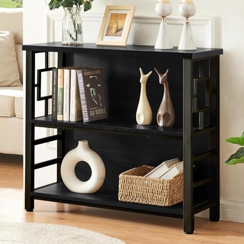 HOMISSUE Book Shelf, 3 Tier Deep Bookshelf with Storage, Engineered Wood and Metal Shelf Bookcase, Low Short Bookcases for Small Space, Living Room, Bedroom, Office, Black - color: Black, size: 3-tier(35.4"W x30.9"H)