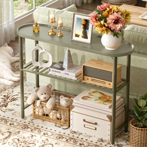 Modern Entryway Table for Hallway Bamboo 39.4", Green Console Tables for Entryway 2-tier, Behind Sofa Table with Anti-fall Edge, TV Stand for Living Room, 5min Easy Assembly, 39.4"L x 11.8"W x 29.7"H - color: Modern Green, size: 39.4"L x 11.8"W x 29.7"H