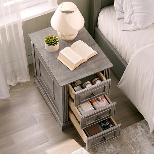 RALGEND Farmhouse End Table with 3 Drawers, Wooden Slim Nightstand, Narrow Sofa Side Table with Storage for Living Room, Bedroom, Study, Greige