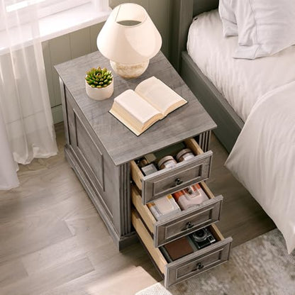 RALGEND Farmhouse End Table with 3 Drawers, Wooden Slim Nightstand, Narrow Sofa Side Table with Storage for Living Room, Bedroom, Study, Greige