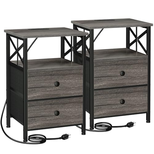 AMHANCIBLE Nightstands Set of 2, Large Night Stand with Charging Station | Bedside Table with 2 Fabric Drawers, End Side Tables Living Room, with Open Shelf, USB Ports Outlets, for Bedroom, Dark Grey - color: Dark Grey
