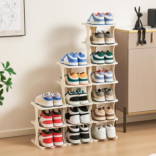 UFORU Vertical Shoe Rack 6 Tier, Narrow Free Standing Shoe Organizer for Closet, Entryway & Bedroom, Tall Plastic Narrow Shoe Rack for Small Spaces, Stackable Shoe Organizer& Easy to Assemble