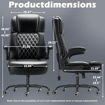 450LBS Big and Tall Executive Office Chair with Flip up Arm, Heavy Duty PU Leather Computer Desk Chair,Comfortable High Back Swivel Home Office Chair with Rolling for Adults,Spring Cushion,Metal Base - color: Black