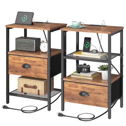 sthmec Nightstands Set of 2, Night Stands with Charging Station and Fabric Drawer, Bedside Tables with Drawers, 2- Tier Side Table with Open Shelf, Nightstands with Charging Station,Rustic Brown - color: Rustic Brown, style: Power