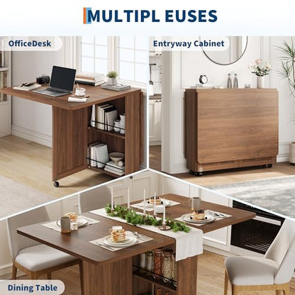 Garvee Folding Dining Table with Storage, Folding Kitchen Table with 6 Wheels, Drawer & Shelves, Compact Dining Table for Small Spaces - color: Brown