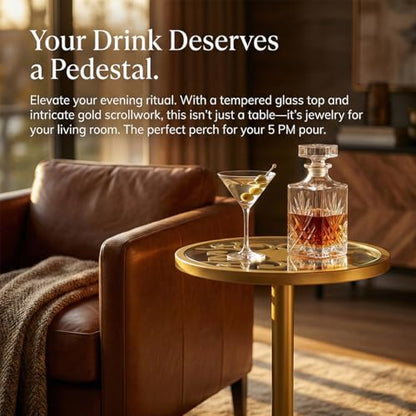 Gold Drink Table, Indoor Outdoor Small Round Side Table with Tempered Glass Top & Scroll Design, 24.7" Metal Pedestal End Table for Living Room, Patio, Small Spaces, Weather Resistant - color: Gold