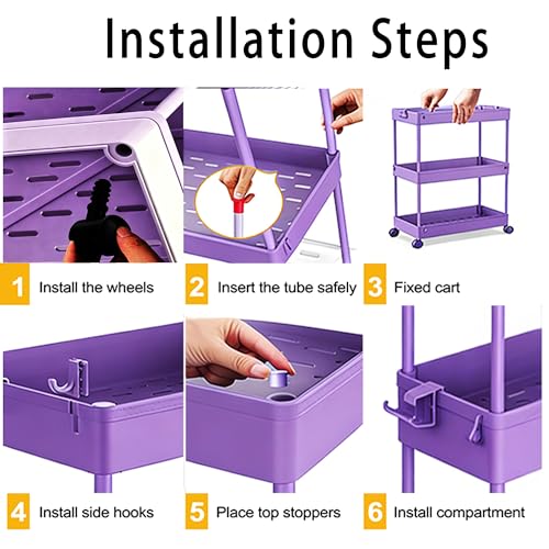 SPACELEAD Slim Storage Cart 3 Tier,Bathroom Organizer Rolling Utility,Mobile Shelving Unit Slide Out for Office, Kitchen, Laundry Room & Narrow Places,Purple - color: Purple