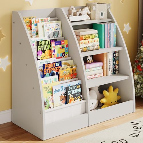 4 Tier Kids Bookshelf, 4 Layer Sling Kids Book Shelf for Kids Rooms,Wood Children Bookcase,Baby Storage Book Rack,Toddler Bookshelf, Book and Toy Organizer,Book Display Shelf for Bedroom, Nursery - color: White, size: Large