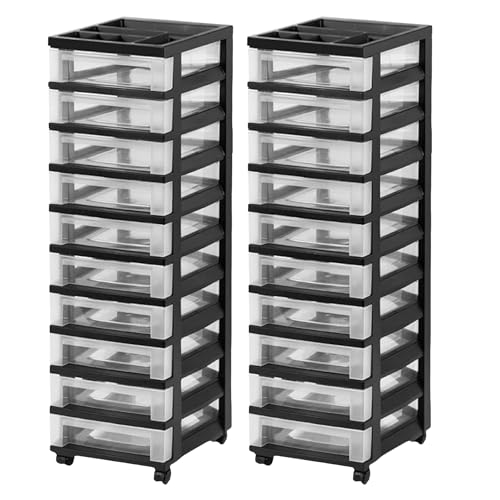 IRIS USA 2 Pack 10-Drawer Plastic Storage Rolling Organizer Cart with Caster Wheels for Laundry Room, Bathroom, or Closet Dresser Storage, Black/Clear - color: Black, size: 10 Drawer - 2 Pack