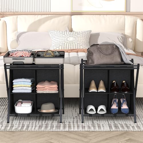 aboxoo 2 Pack Luggage Rack with storage, Guest Room Folding Suitcase Stands, Holds up to 120 lb, Space Saving Suitcase Holders for guest room, Bedroom Hotel, Black
